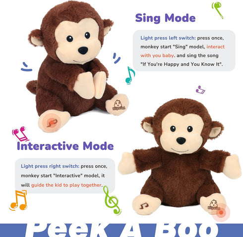 11'' Hopearl Clapping Monkey Interactive Musical Stuffed Animal Singing Plush Toy Adorable Electric Animate Gifts