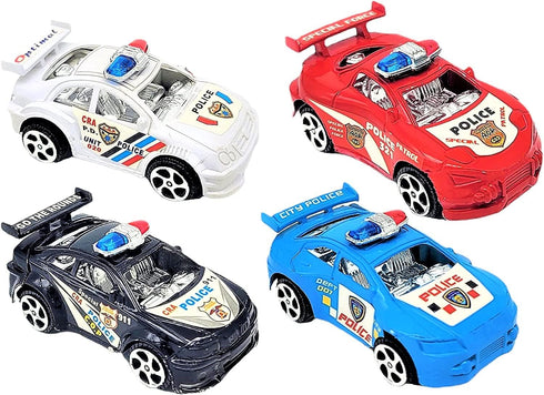 Colorful Mini Police Toy Cars (12 Pack) (3") in Blue, Red, Black, and White, Plastic Winding Pull Back Racers