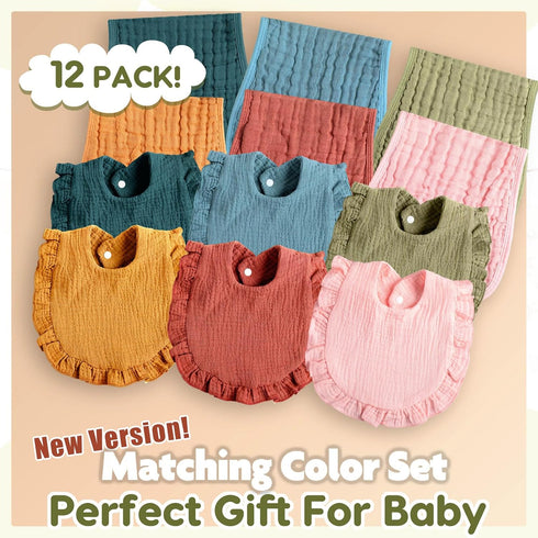 12 Set Newcotte Pcs Baby Muslin Bibs and Burp Cloths Cotton Absorbent Baby Bibs Burping Cloths for Toddler Unisex Girls