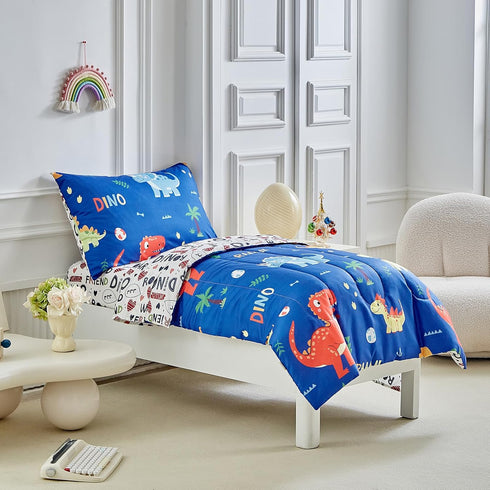 Set 4 Set Dinosaur Toddler Bedding for Boys Girls Pieces Toddler Bed - Ultra Soft Cartoon Cute Orange Yellow Blue Green