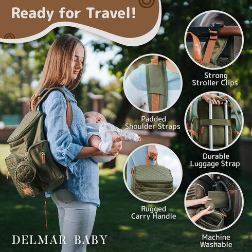 Backpack 15 Large Diaper Bag for Mom & Dad | Unisex Baby Travel Bag | Pockets | Changing Pad | Stroller Straps |