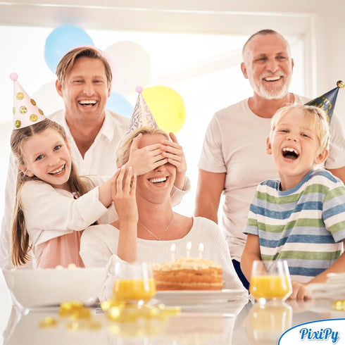 PixiPy Birthday Party Hats for Kids, 12 pc Colorful Cone-Shaped 7 inch Celebration Headwear Supplies