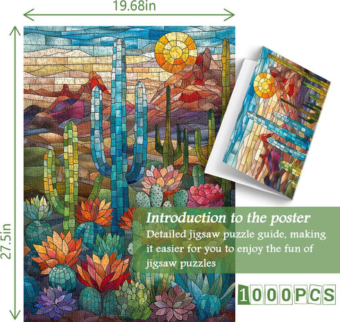 Cactus Puzzles for Adults, 1000 Pieces and up, PICKFORU Stained Glass Puzzle, Colorful Succulent Art