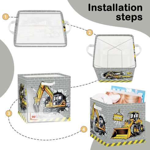 11.8" Set 3Pcs 3D Construction Vehicles Cube Storage Organizer Cars Cube Storage Bin for Bathroom/Bedroom Parent Book