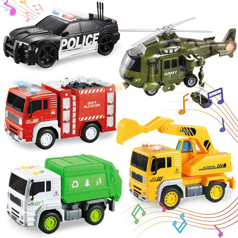 5 Pack Friction Powered Truck Toy Set (8 Inch), Including Garbage Truck, Construction Truck, Fire Truck, Police Car