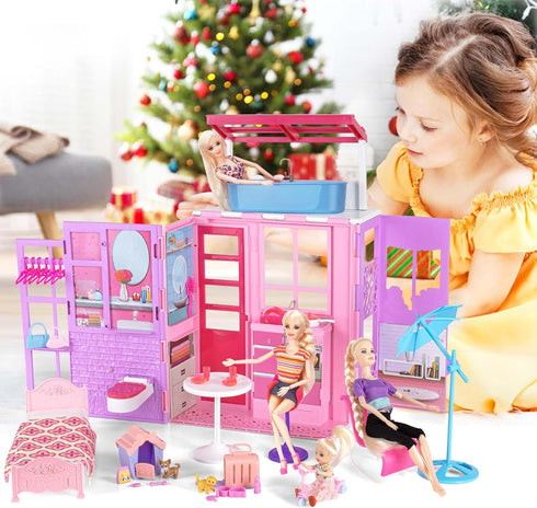 11.5-inch 2-Story 37 Doll House for Dolls, Foldable Dollhouse with pcs Furnitures & Accessories, Playhouse with Pet