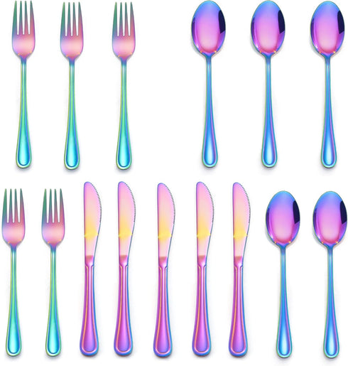 LIANYU 15-Piece Rainbow Kids Silverware Set, Stainless Steel Toddler Utensils for 5, Dishwasher Safe