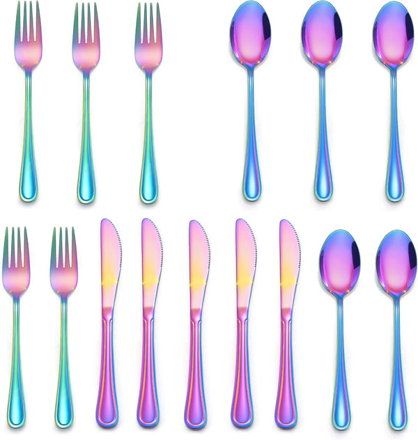 LIANYU 15-Piece Rainbow Kids Silverware Set, Stainless Steel Toddler Utensils for 5, Dishwasher Safe