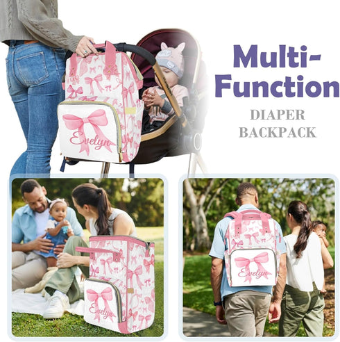 Perarts Backpack Pink Bow Personalized Diaper Bag for Baby Boy with Name, Custom Nappy Nursing Bag for Moms Dads