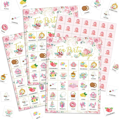 Shappy 35 Pieces Tea Party Bingo Game - 24 Players Floral Cards for Kids Family School Activities