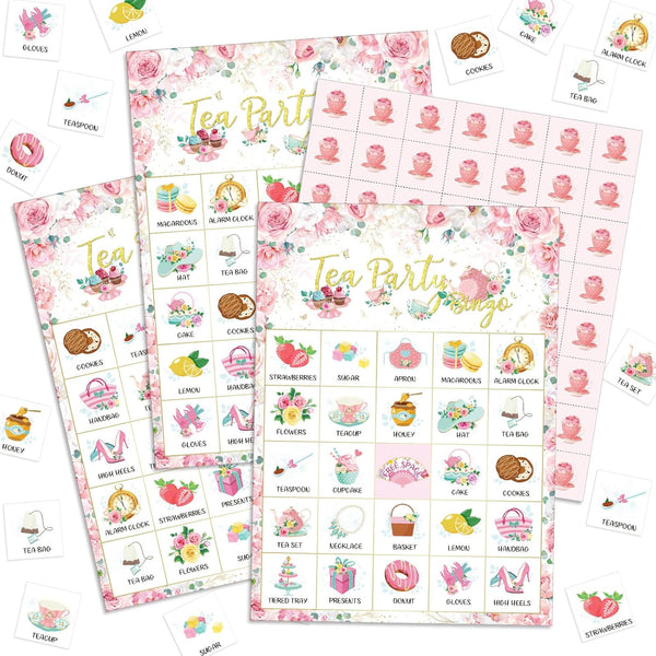 Shappy 35 Pieces Tea Party Bingo Game - 24 Players Floral Cards for Kids Family School Activities