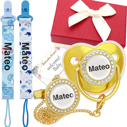 Personalized Pacifiers Gift Set Custom Name Engraved Pacifier with 2 Pacifier Clips