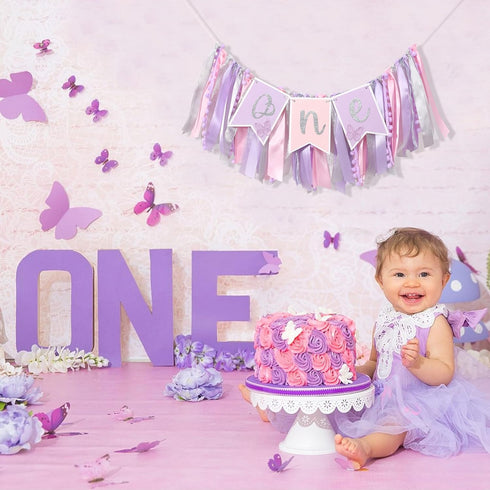Agvgaza 1st Pink & Purple Butterfly Highchair Banner for Girls - Spring Butterfly One Party Decor & Cake Smash Photo