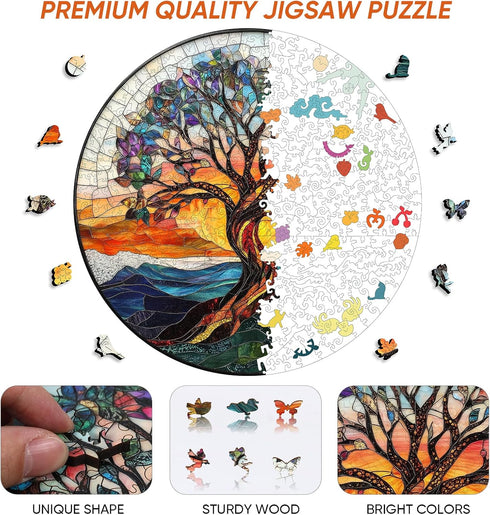 500 16.5 16.5 Bodhipnjoy Wooden Puzzles for Adults Pieces, Stained Glass Tree of Life Puzzle, Unique Shape Mosaic Tree