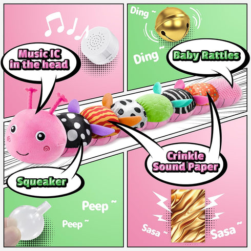 LIGHTDESIRE 3 6 12 Tummy Baby Toys Musical Caterpillar,Infant Toys Stuffed Animals Months Sensory Toys with Ruler