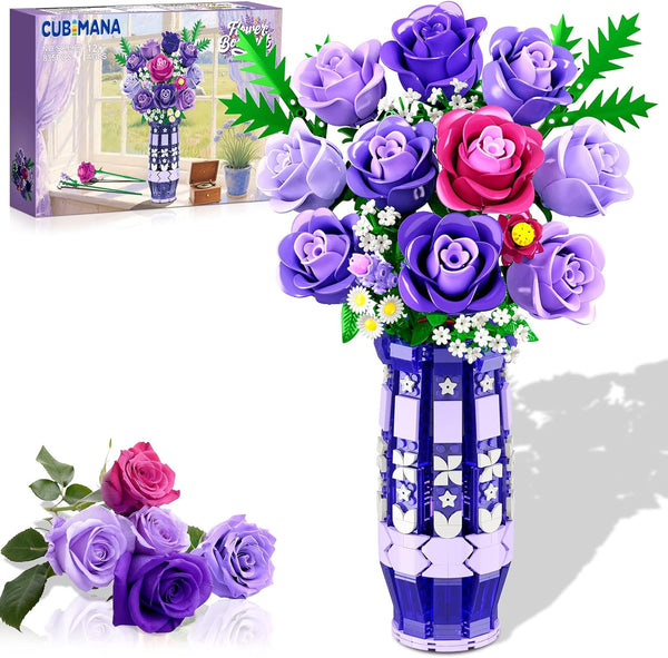 CUBIMANA Purple Roses Flowers Building Set with Vase & LED Light, 17