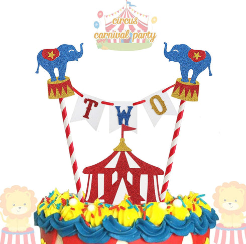 Circus Two Birthday Cake Topper, Circus Theme Second Birthday Photo Booth Props Cake Decorations