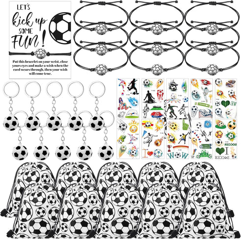 50 Pcs Soccer Team Gifts Set Includes Drawstring Bags, Bracelets, Keychains, and Stickers