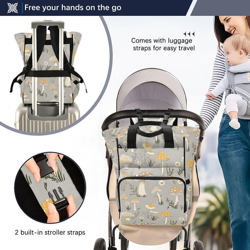 Bolaz Backpack Diaper Bag Tote Multifunction Baby Nappy Changing Bags Mushrooms Large with Stroller Straps Travel