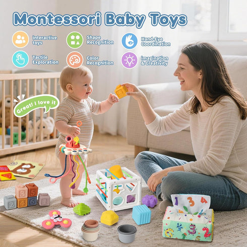 6 1 6-12 1 2 3 in Montessori Toys for Babies Months Up - Incl Pull String Toy, Stacking Cups, Tissue Box, Suction Cup