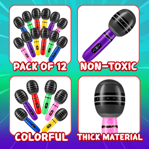 (Pack 12) 10-inch Inflatable Microphones for Parties - of Neon Colors Blow Up Microphone for Kids & Adults, Party