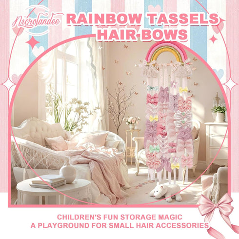 NICROLANDEE Rainbow Tassels Hair Bows Holder, Baby Hair Accessories Storage Organizer for Girls Room Decor (Pink Yellow)