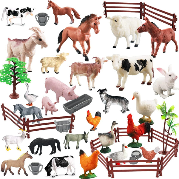 Realistic Farm Animal Figures Toys, 44 Pcs Plastic Playset with Mini Farm Animal Cake Toppers for Kids