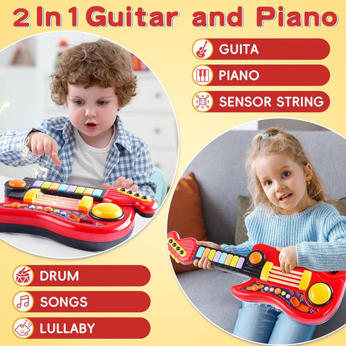 2-in-1 3-5 Kids Guitar-Piano Musical Instrument, Toddler Guitar for Year Old Boys Girls, Adjustable Educational Toy
