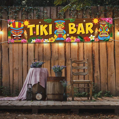Blulu Hawaiian Luau Party Tiki Bar Banner, 15.7 x 72 Inch Tropical Scene Setters for Carnival Decorations