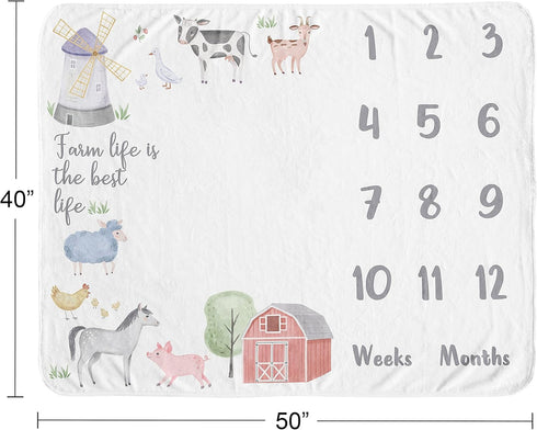 Sweet Jojo Designs Farm Animals Boy or Girl Milestone Blanket Monthly Newborn First Year Growth Mat Baby Shower Memory