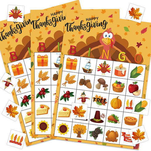 MISS FANTASY Thanksgiving Bingo Game for Kids, 24 Players Bingo Cards for Family Thanksgiving Activities