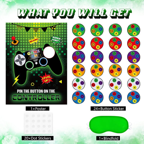 WERNNSAI Pin The Button on The Video Game Party Game: Video Game Party Supplies for Kids, 21" x 28" Game Poster with 24