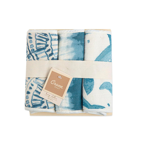 Crane Baby Muslin Burp Cloths, Lightweight Absorbent Ocean Theme, Set of 3, 7" x 20", Newborn Essentials