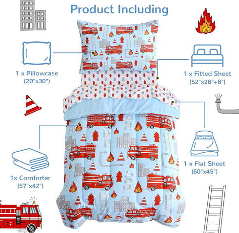 4 Set Sets Mooreeke Pieces Toddler Bedding - Fire Truck Blue Toddler Comforter for Boys, Includes Comforter, Flat