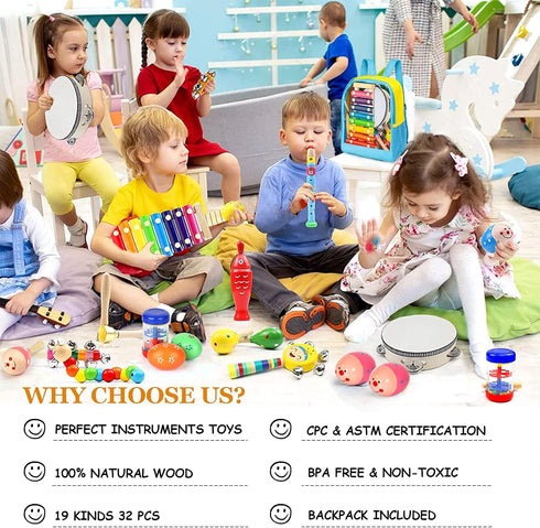 Toddler Musical Instruments Set, 32 PCS 19 Kinds Wooden Percussion Toys for Kids