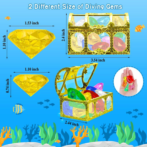 MGparty 24pcs Set Summer Swimming Diving Gem Pool Toys Colorful Diamonds with Pirate Treasure Chest Toy Underwater Toys