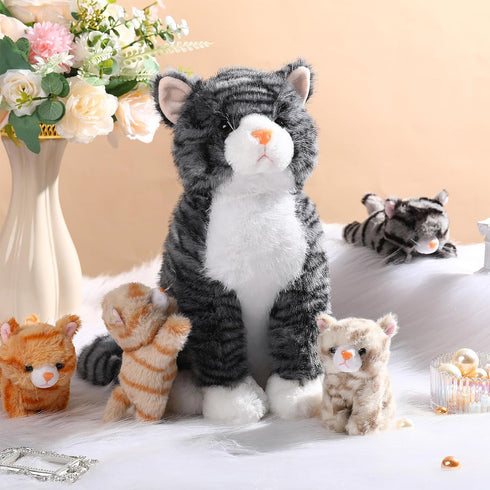 5 13.78 Inch Mommy 4 HyDren Pcs Cat Stuffed Animal Large Plush Cat with Kittens for Boys Girls Plush Toy, Birthday