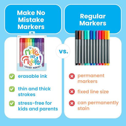 12 Pack Ooly Make No Mistake Erasable Markers, Stress and Mess Free Marker You Can Erase, Drawing & Coloring Pens