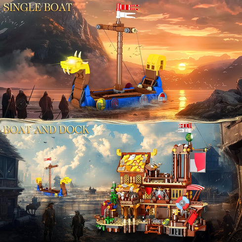 Viking Pirate Ship House Building Block | Medieval Village Set with Dragon Head Ship (1039 Pcs)