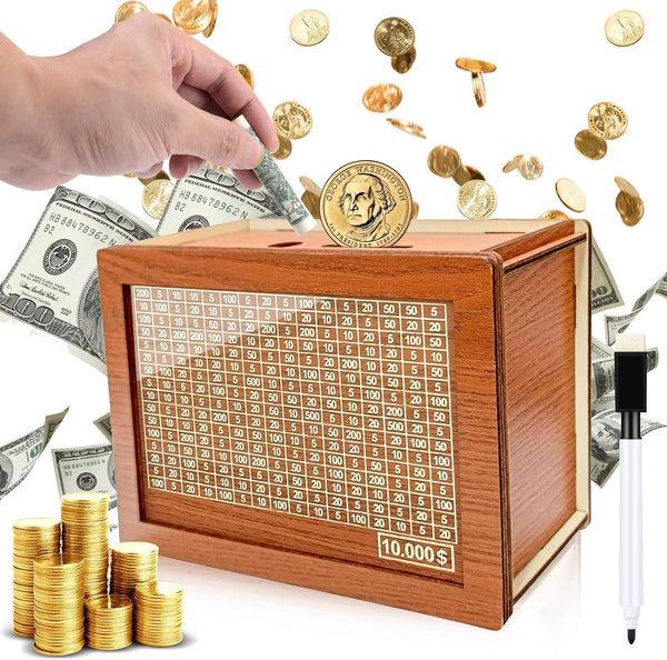 Wooden Money Box Money Bank, Countdown Saving Box with 10000 Dollars Target for Boys Girls (10000 USD)