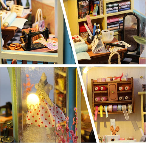 DIY Miniature House Kit, Tailor Shop Mini House Building Kit with Furniture & LED, Tiny House Model for Adults Teens