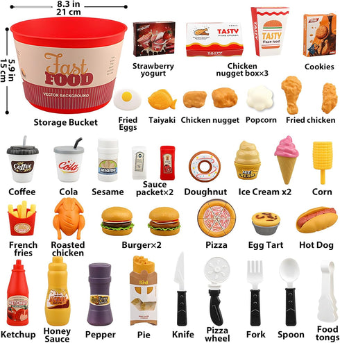 80 3 4 5, Set Pcs Pretend Play Food Toy for Kids Kitchen Aged Fast Food with Storage Bucket, Pizza, Burger, Ice Cream