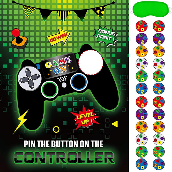WERNNSAI Pin The Button on The Video Game Party Game: Video Game Party Supplies for Kids, 21" x 28" Game Poster with 24