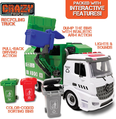 1:16 4 40 Crazy Truck Scale Recycling Garbage Truck Toy with Lights & Sounds, Recycle Cans, Flash Cards, Tools DIY