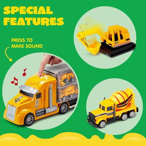 JOYIN 25 in 1 Construction Truck Vehicle Toy Set - Play Vehicles with Sounds and Lights in Carrier Truck