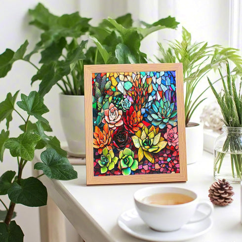 500 16.5'' 16.5'' Mocfesk Wooden Puzzles for Adults, Stained Glass Succulent Puzzles Pieces, Unique Shaped Jigsaw