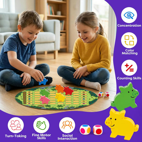 SkilLify 3-7, 2-6 Run Piggy Cooperative Board Game, Adorable Family Dice Game for Kids Ages Color Matching Board Game