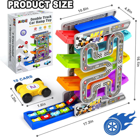 2 3 10 18+ aotipol Toddler Toys for Year Old Boy Girl, Double-Track Car Ramp Toy with Pull-Out Parking Lots & Mini