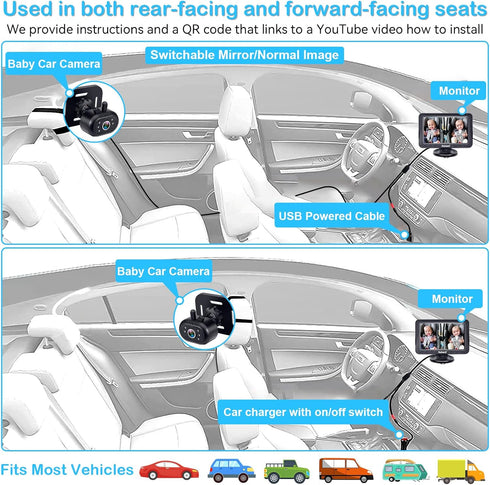 Rohent 5-Inch 1080P, Baby Car Camera - HD Night Vision, Easy Install, Rear & Forward-Facing Seat Camera, USB Powered