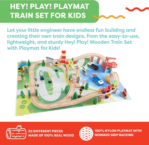 Set 75-Pieces Wooden Train with Play Mat for Kids - Including Deluxe Wood Tracks, Trains, Cars, Boats, and Accessories